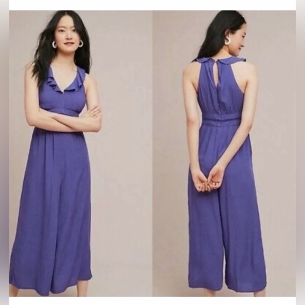 Anthropologie Maeve Polka Dot Violet Wide Leg Jumpsuit Size 8